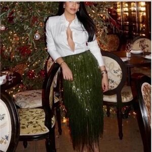 Zara Olive Green Fringe Midi Skirt